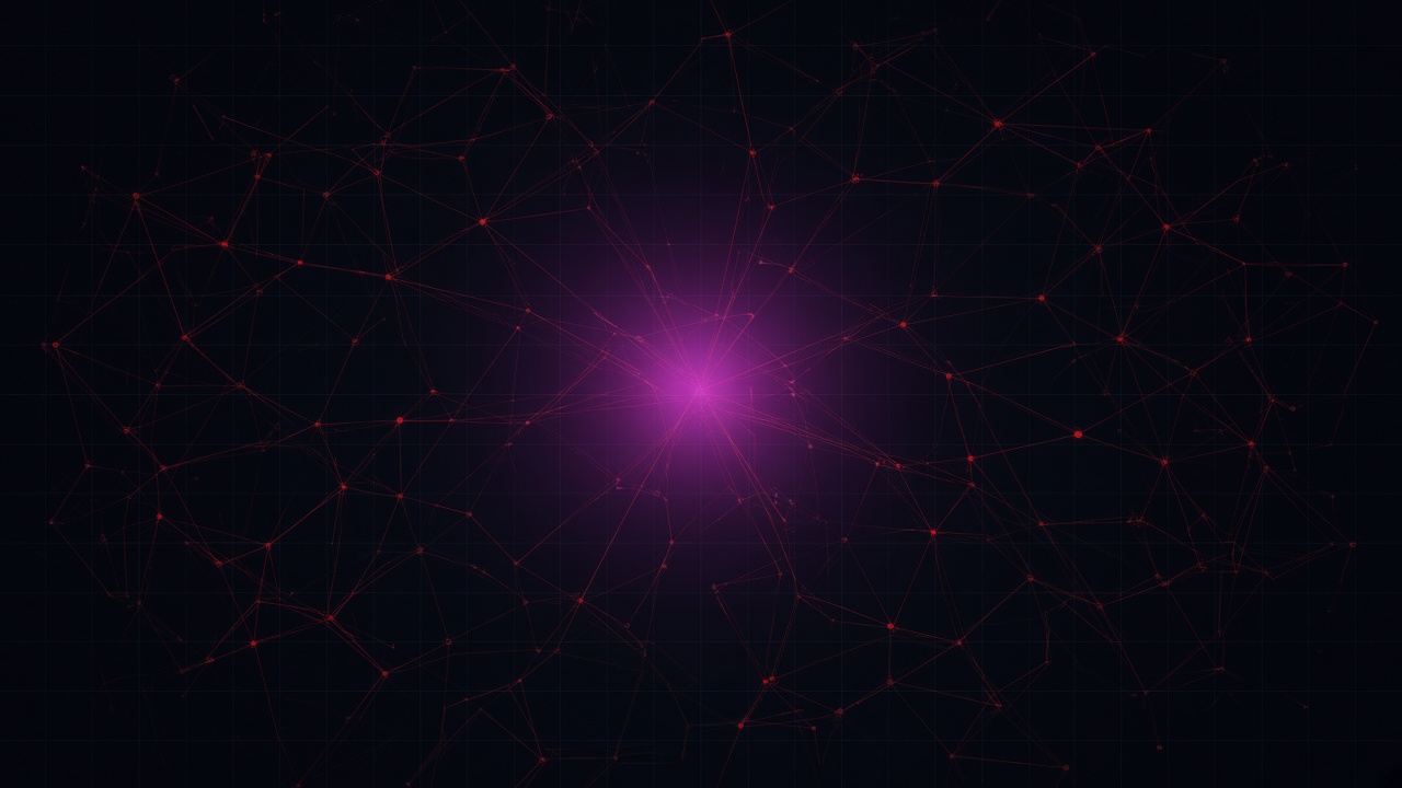 Red lines connecting nodes across a dark grid, with a violet glow at the center.