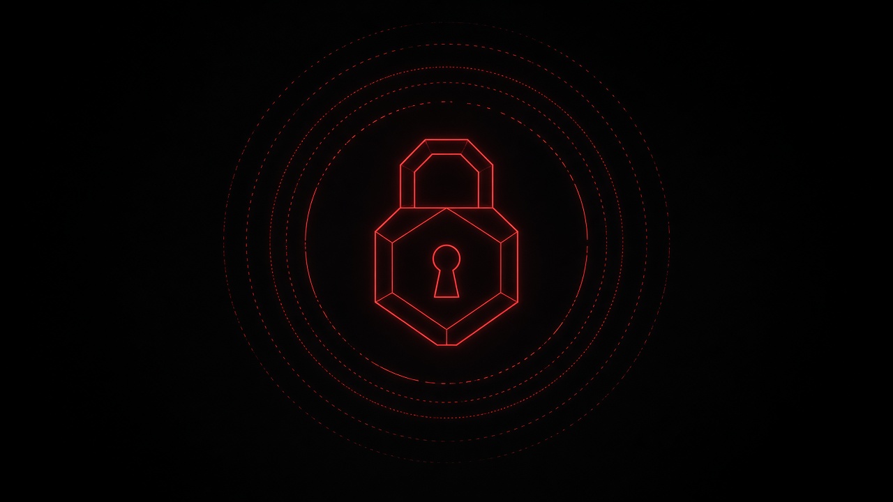 A geometric lock drawn in thin red lines, with faint rings around it.