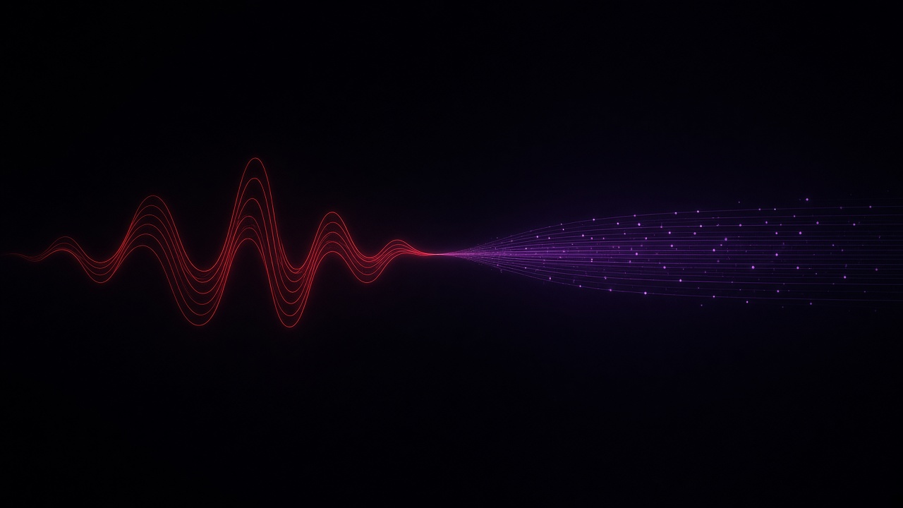A red waveform that narrows into a stream of points.